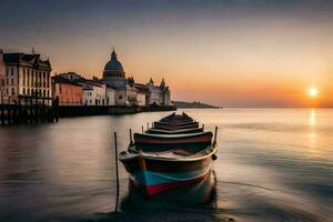 boats docked at the shore of a body of water. AI-Generated photo