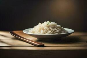 a bowl of rice on a wooden table. AI-Generated photo