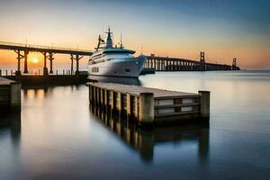 a yacht docked at the pier in front of a bridge. AI-Generated photo