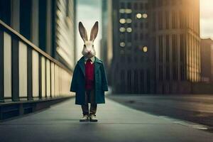 a rabbit in a coat stands in the middle of a city street. AI-Generated photo