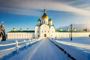 the russian orthodox cathedral in the snow. AI-Generated photo