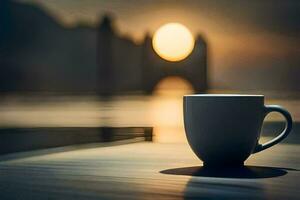 coffee cup on table with sun in background. AI-Generated photo