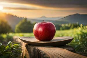 a red apple on a wooden plate in the middle of a field. AI-Generated photo