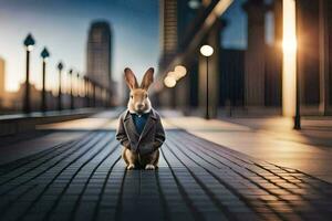 a rabbit wearing a suit and tie sits on a sidewalk. AI-Generated photo