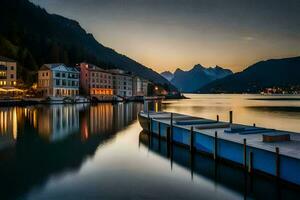 a boat docked in the water at dusk with mountains in the background. AI-Generated photo