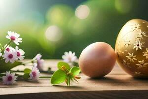 the golden egg and the flowers. AI-Generated photo