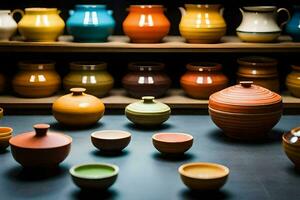 a collection of colorful pottery on a shelf. AI-Generated photo