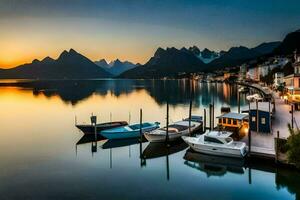 boats docked at the dock at sunset with mountains in the background. AI-Generated photo