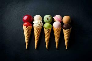 five ice cream cones with different flavors on a black background. AI-Generated photo