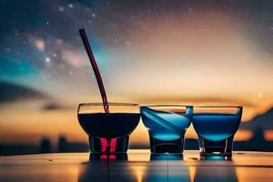 three glasses with drinks and a straw sitting on a table. AI-Generated photo