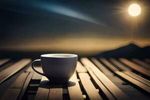 un taza de café en un de madera mesa en frente de un lleno Luna. generado por ai foto