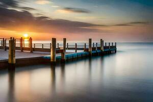 a long exposure photograph of a pier at sunset. AI-Generated photo