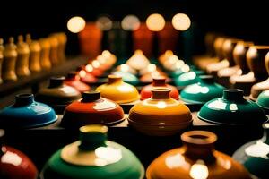 colorful vases are lined up in a row. AI-Generated photo