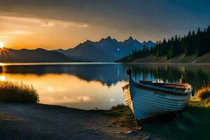 a boat sits on the shore of a lake at sunset. AI-Generated photo