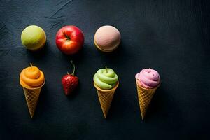 diferente de colores hielo crema conos y Fruta en un negro antecedentes. generado por ai foto