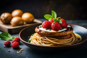 pasta with strawberries and cream on a black background. AI-Generated photo