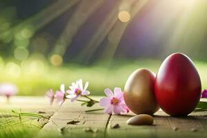 easter eggs on a wooden table with flowers. AI-Generated photo