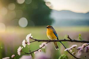 a bird sits on a branch in front of a field. AI-Generated photo