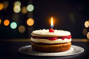 a birthday cake with a single candle. AI-Generated photo