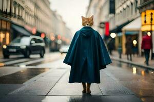 un gato en un azul capa caminando abajo un calle. generado por ai foto