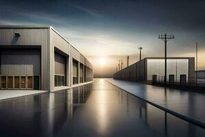 a large industrial building with a large garage door. AI-Generated photo