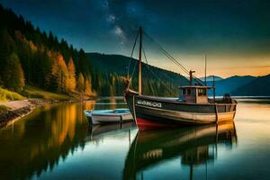 un barco se sienta en el agua a puesta de sol. generado por ai foto