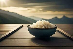 arroz en un cuenco en un mesa con montañas en el antecedentes. generado por ai foto