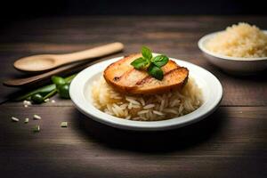 grilled pork on rice in a white bowl. AI-Generated photo