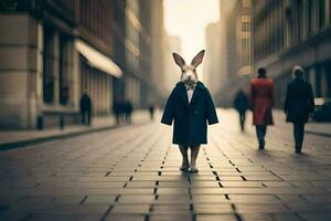 a rabbit wearing a suit and tie is walking down a street. AI-Generated photo