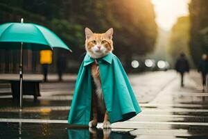 un gato en un verde capa en pie en un mojado calle. generado por ai foto