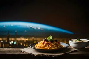 a plate of spaghetti with a view of the earth. AI-Generated photo