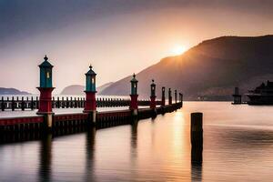 el Dom sube terminado un muelle en el medio de un lago. generado por ai foto