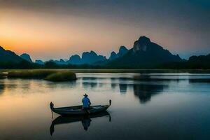 un hombre en un barco en el río a puesta de sol. generado por ai foto