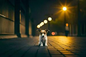 a small dog is standing on a street at night. AI-Generated photo