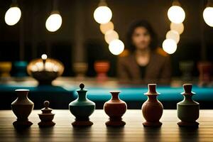 a woman is sitting in front of a table with several vases. AI-Generated photo