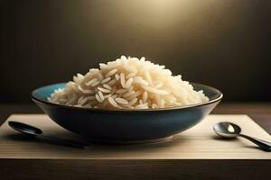 a bowl of rice is shown on a wooden table. AI-Generated photo