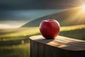 an apple sits on a wooden table in front of a field. AI-Generated photo