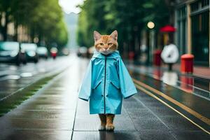 a cat wearing a raincoat on a rainy day. AI-Generated photo
