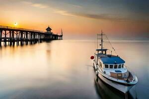 a boat is docked at the pier at sunset. AI-Generated photo