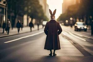 a person wearing a rabbit head on a street. AI-Generated photo