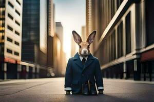 a rabbit wearing a suit and tie standing in the middle of a city street. AI-Generated photo