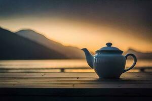 tea pot on a wooden table in front of a lake. AI-Generated photo