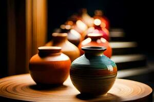 a row of colorful vases sit on a table. AI-Generated photo