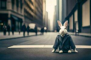a rabbit wearing a suit and tie sits on the street. AI-Generated photo