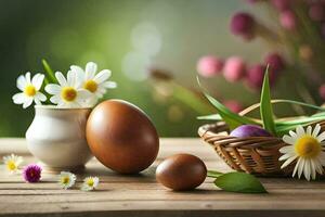 easter eggs in a basket and flowers on a table. AI-Generated photo