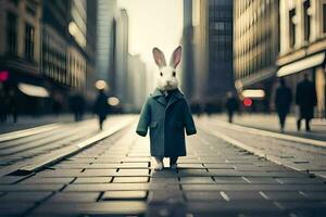 a rabbit in a blue coat stands on a street. AI-Generated photo