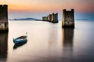 a boat sits in the water near a wall. AI-Generated photo