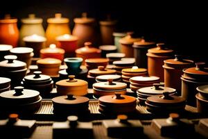 a collection of pots and lids on a table. AI-Generated photo