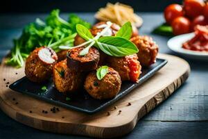 meatballs with tomato sauce and basil on a black plate. AI-Generated photo