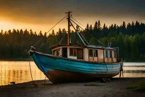 a boat sits on the shore at sunset. AI-Generated photo